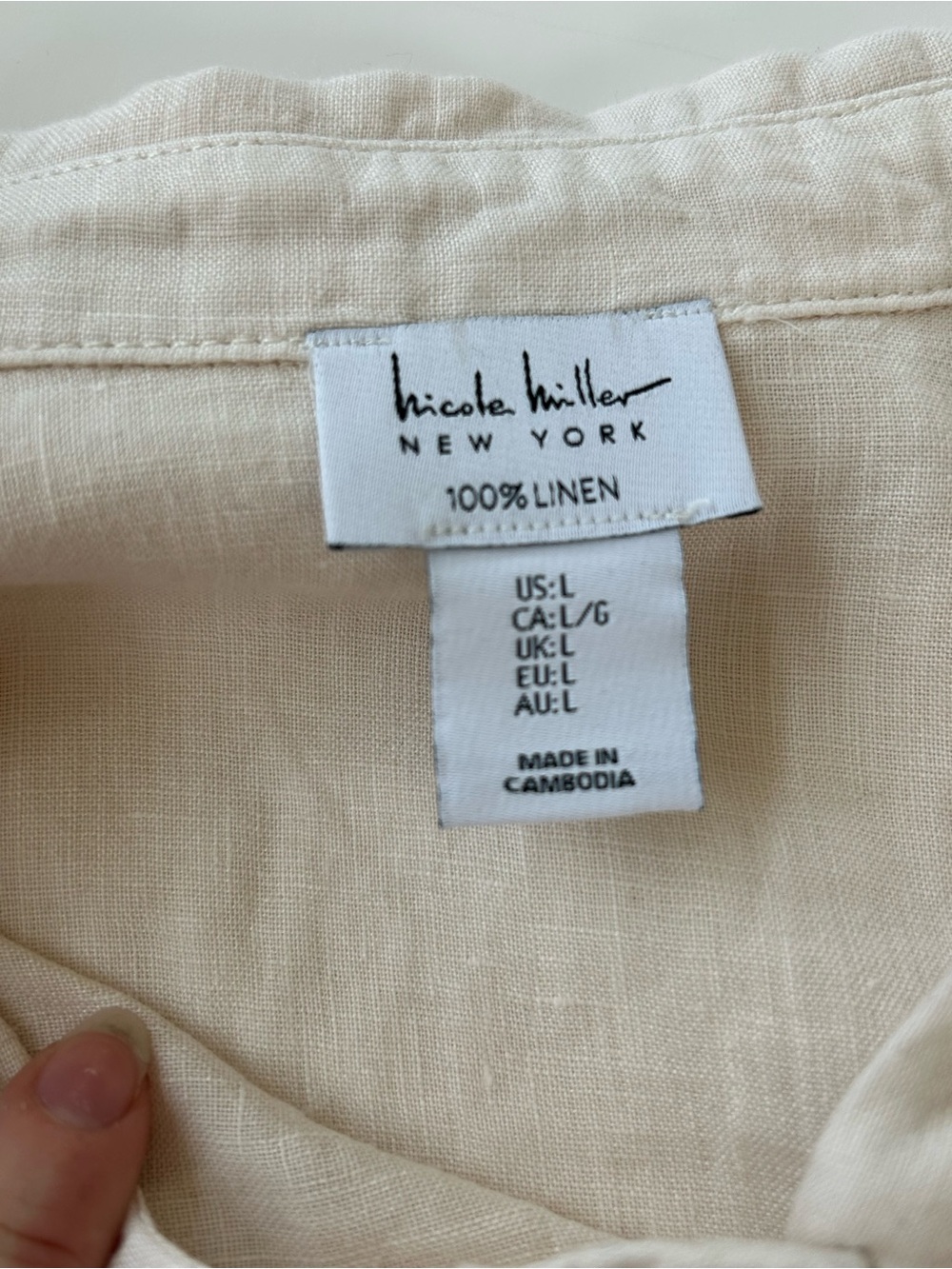 Nicole Miller 100% Linen Beige Short Sleeve Camp Shirt Size L - Picture 3 of 4